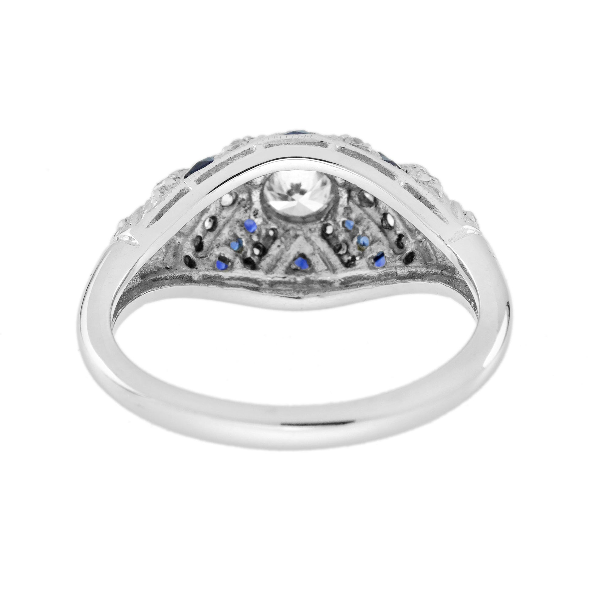Round Diamond & Blue Sapphire Art Deco Style 18K White Gold Ring