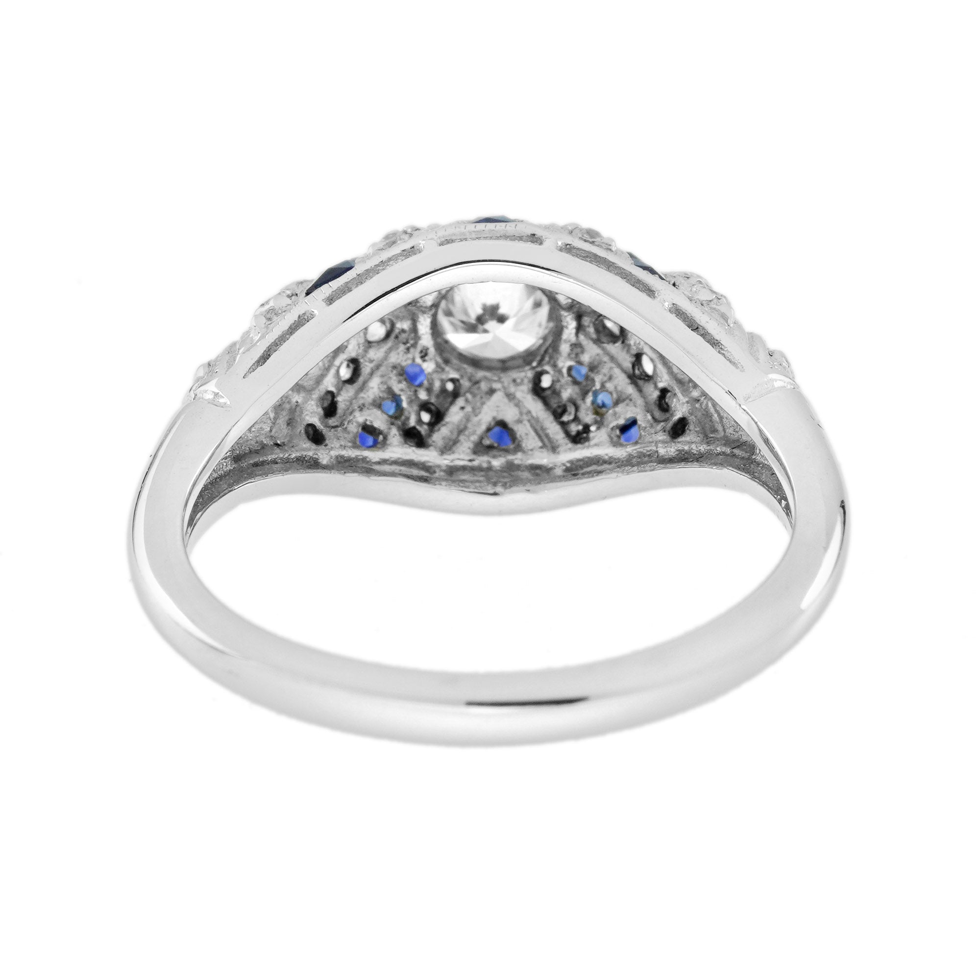 Round Diamond &amp; Blue Sapphire Art Deco Style 18K White Gold Ring