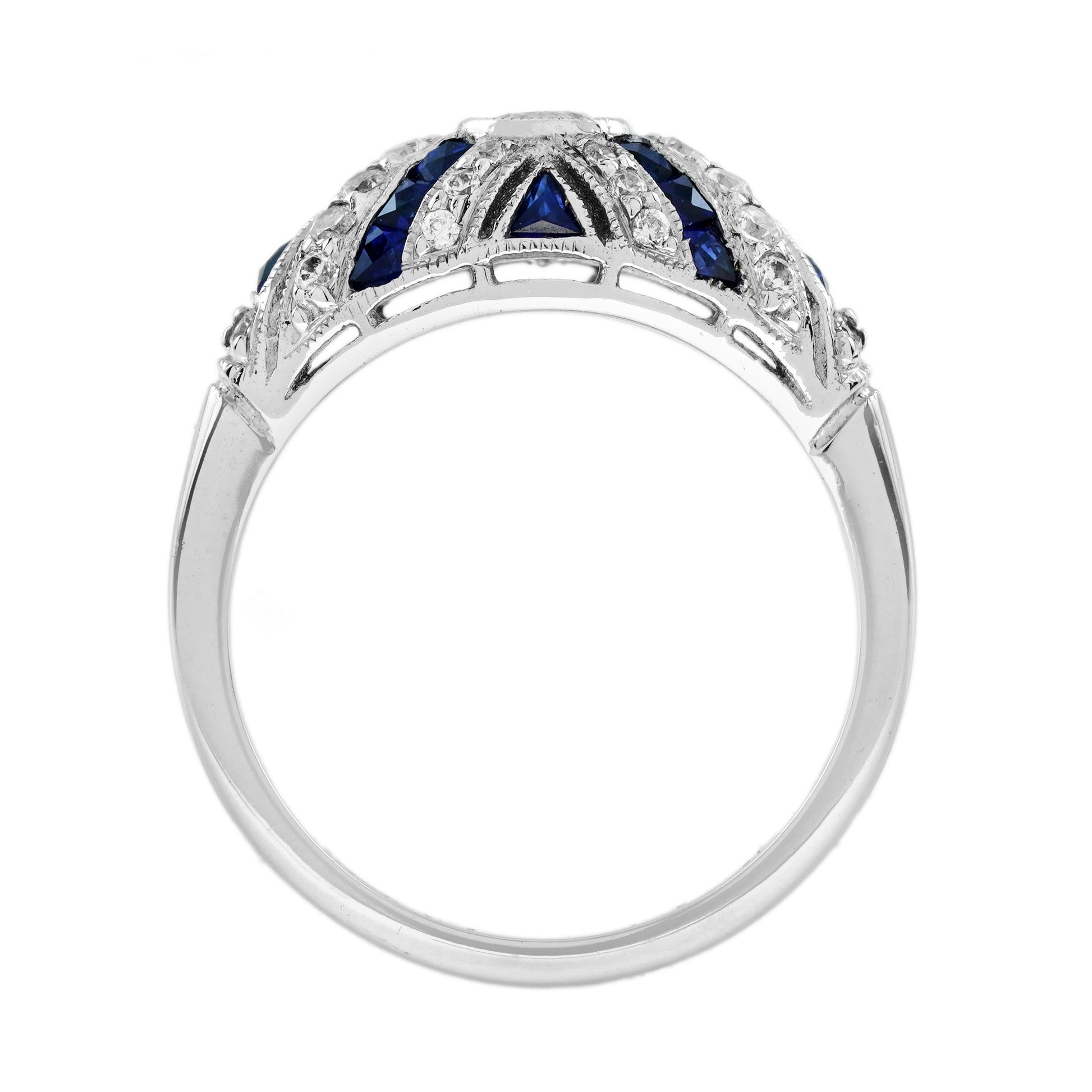 Round Diamond & Blue Sapphire Art Deco Style 18K White Gold Ring