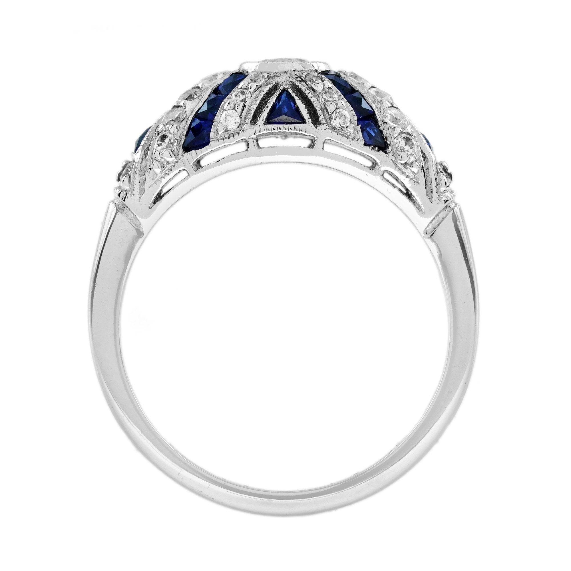 Round Diamond &amp; Blue Sapphire Art Deco Style 18K White Gold Ring
