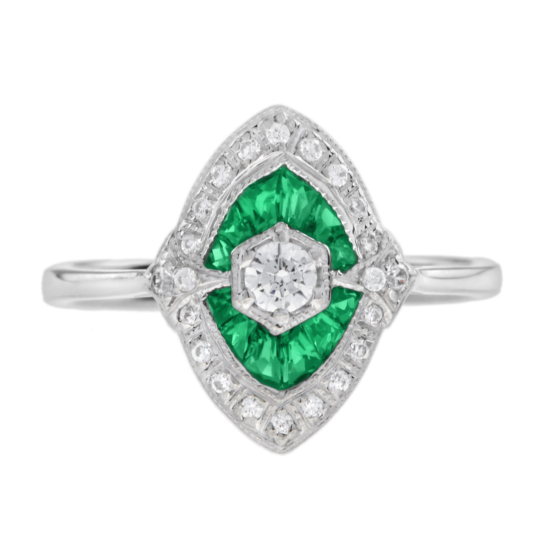 Diamond & Green Emerald Art Deco Style Engagement 14K White Gold Ring