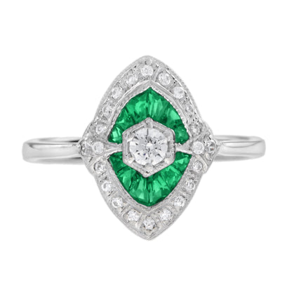 Diamond &amp; Green Emerald Art Deco Style Engagement 14K White Gold Ring