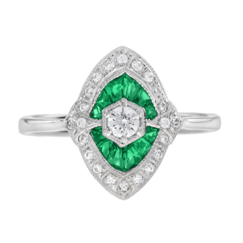 Diamond & Green Emerald Art Deco Style Engagement 14K White Gold Ring