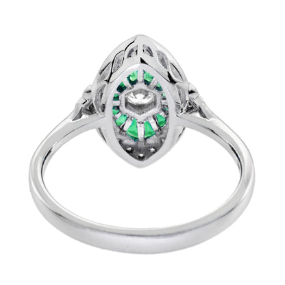 Diamond &amp; Green Emerald Art Deco Style Engagement 14K White Gold Ring