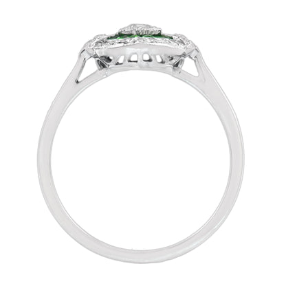 Diamond &amp; Green Emerald Art Deco Style Engagement 14K White Gold Ring