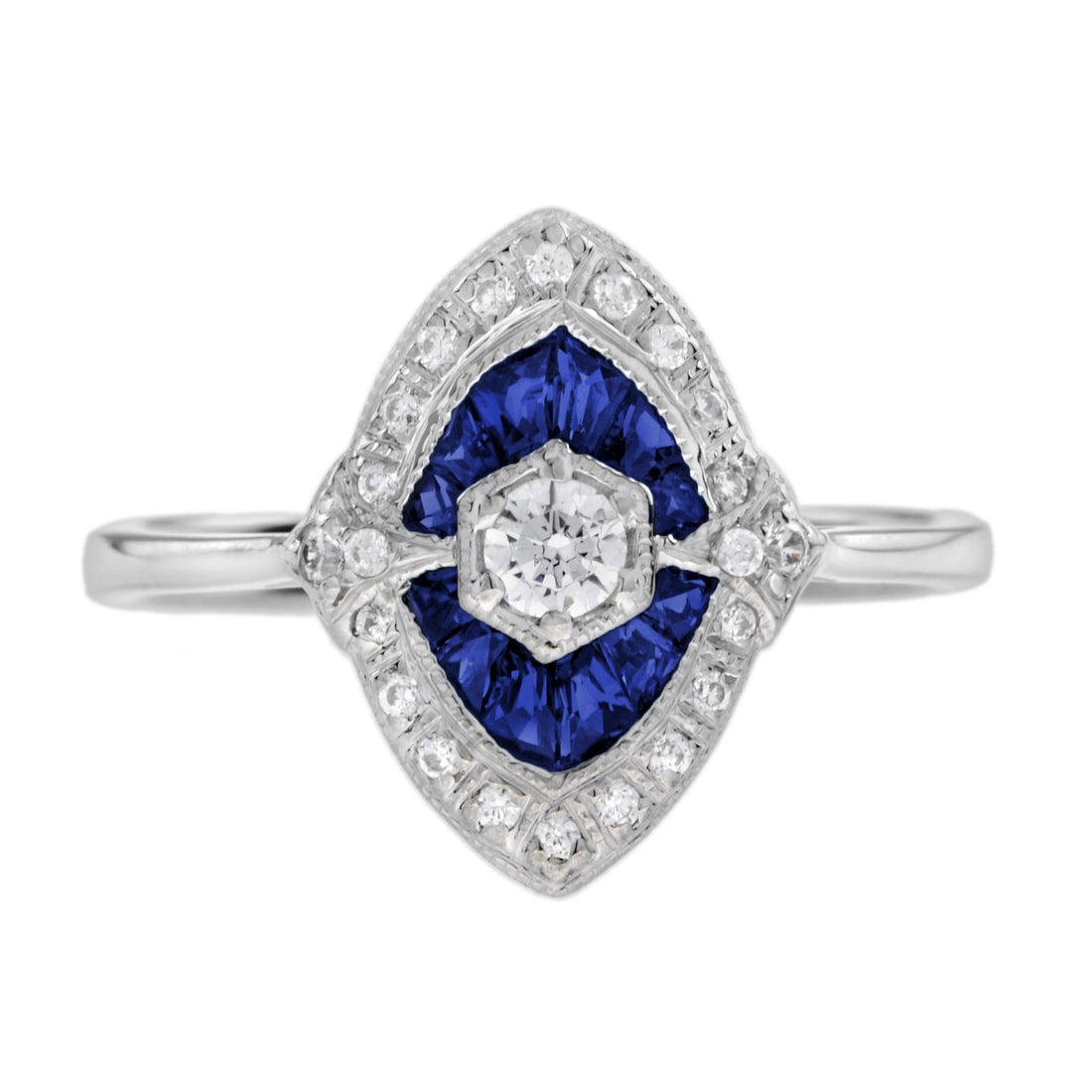 Diamond & Blue Sapphire Art Deco Style 14K White Gold Ring