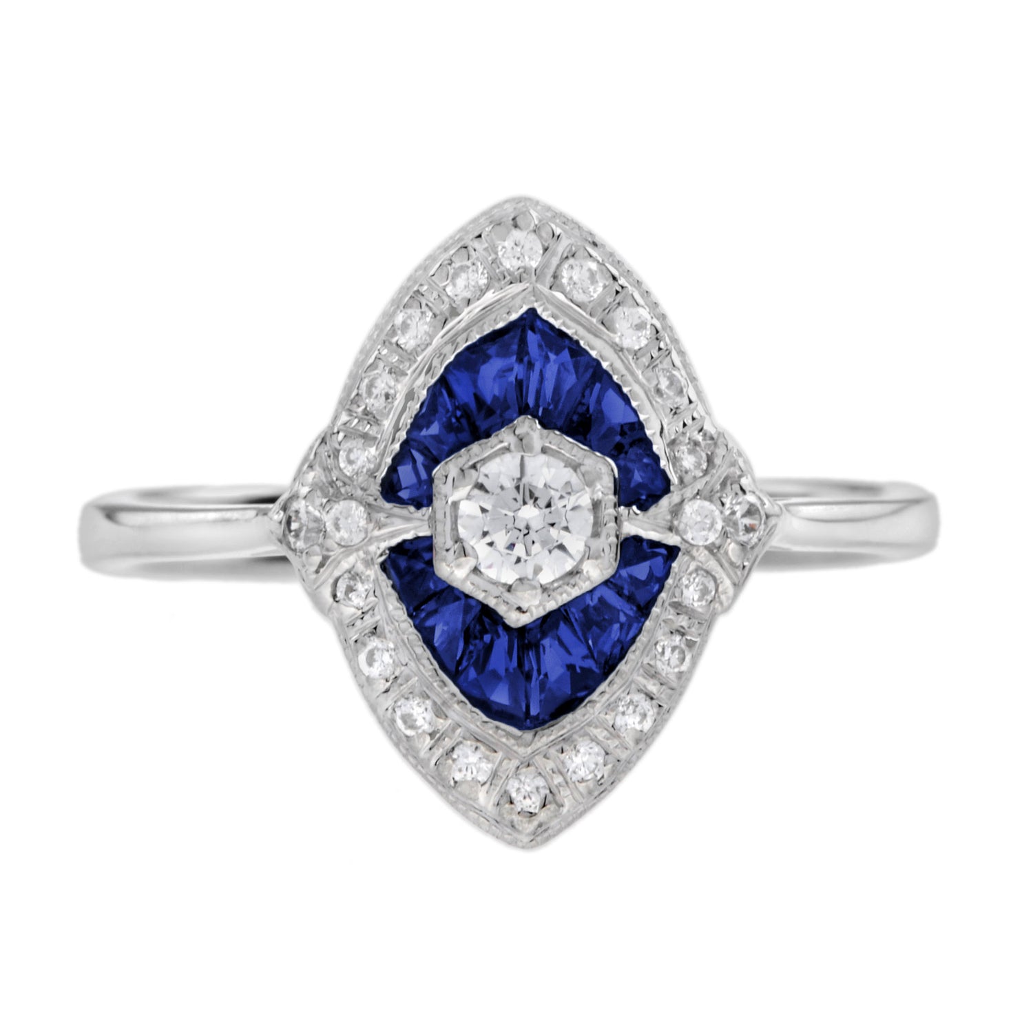 Diamond &amp; Blue Sapphire Art Deco Style 14K White Gold Ring