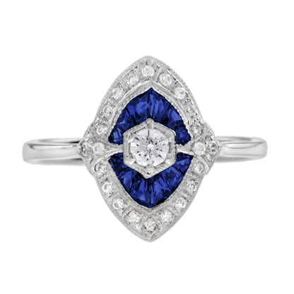 Diamond &amp; Blue Sapphire Art Deco Style 14K White Gold Ring
