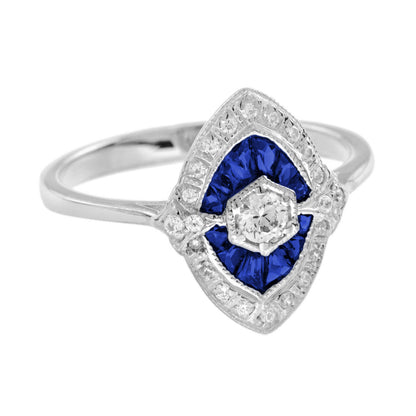 Diamond &amp; Blue Sapphire Art Deco Style 14K White Gold Ring