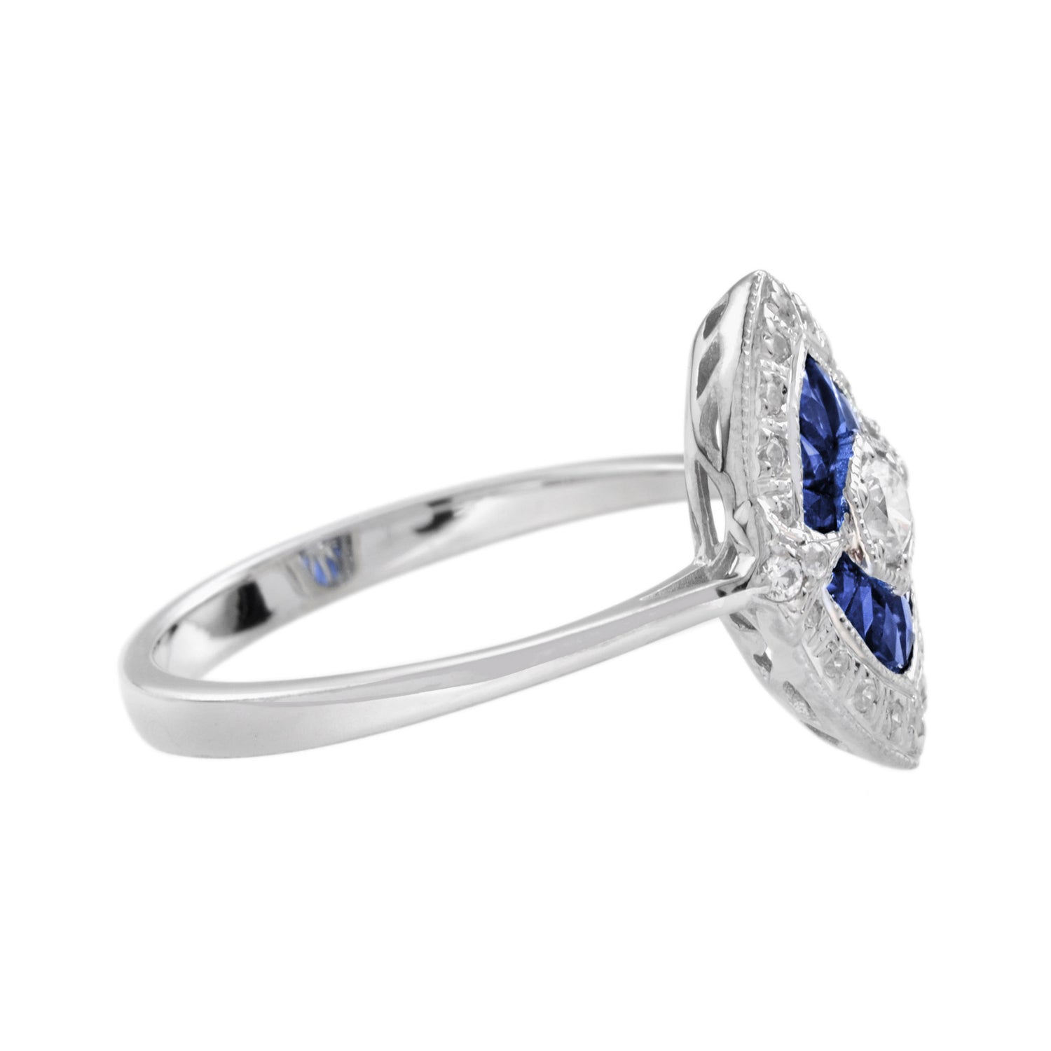 Diamond &amp; Blue Sapphire Art Deco Style 14K White Gold Ring