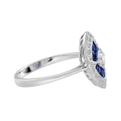 Diamond &amp; Blue Sapphire Art Deco Style 14K White Gold Ring