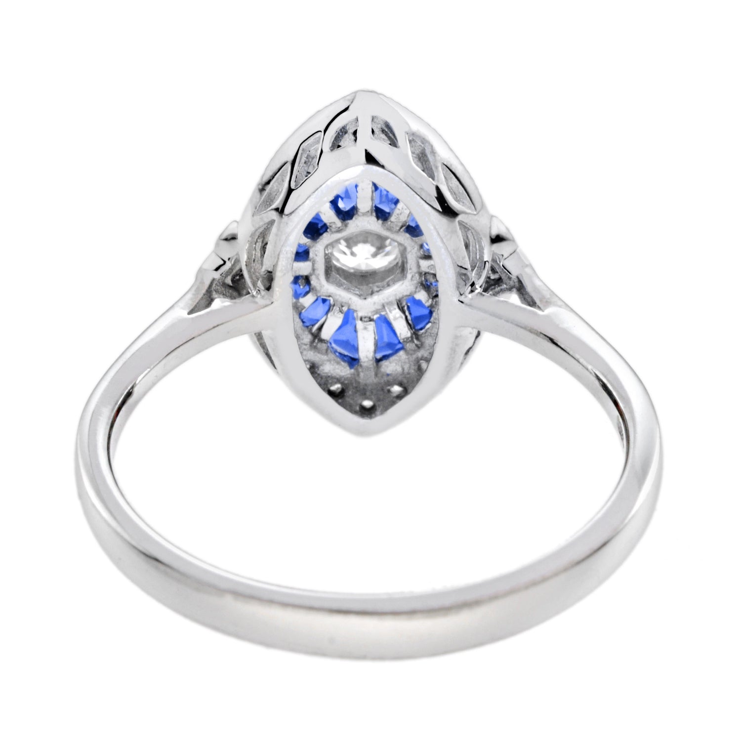 Diamond &amp; Blue Sapphire Art Deco Style 14K White Gold Ring