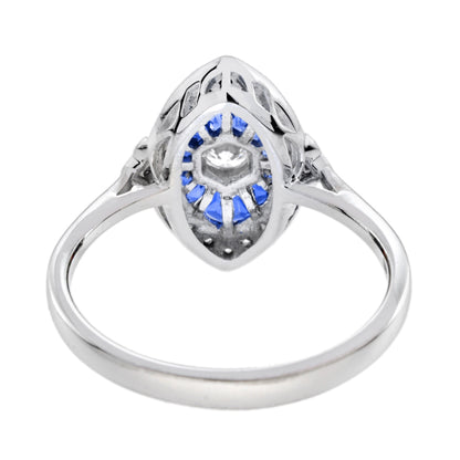 Diamond &amp; Blue Sapphire Art Deco Style 14K White Gold Ring