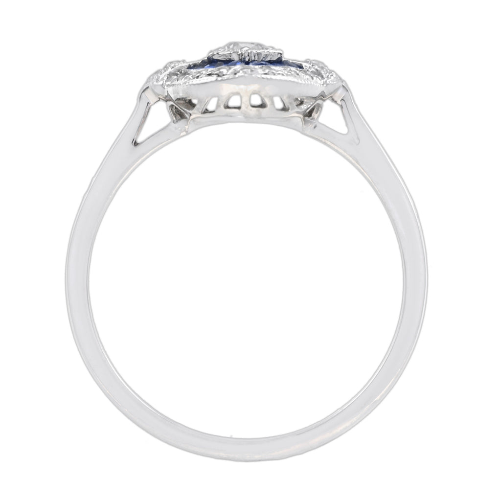 Diamond & Blue Sapphire Art Deco Style 14K White Gold Ring