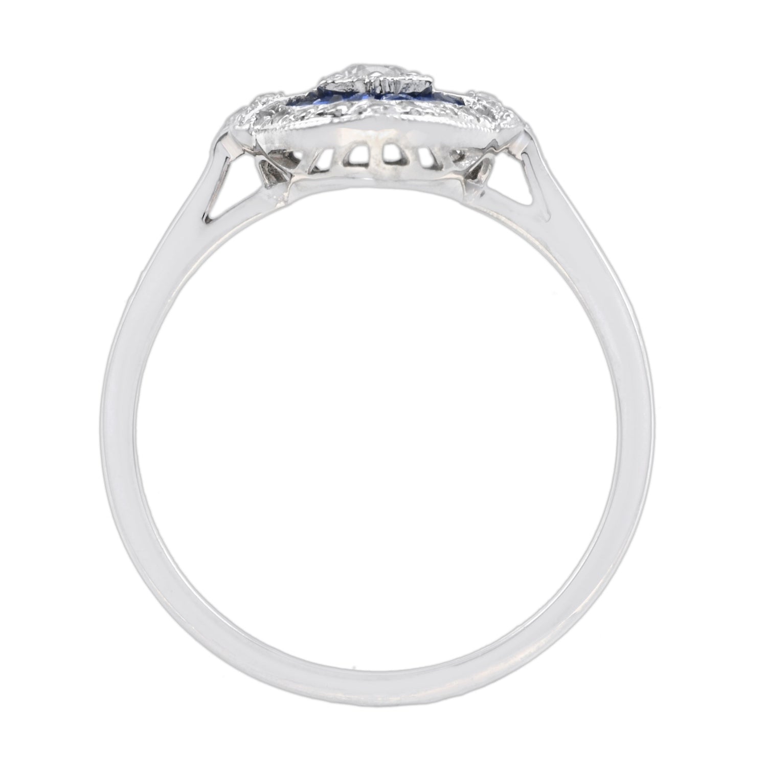 Diamond &amp; Blue Sapphire Art Deco Style 14K White Gold Ring