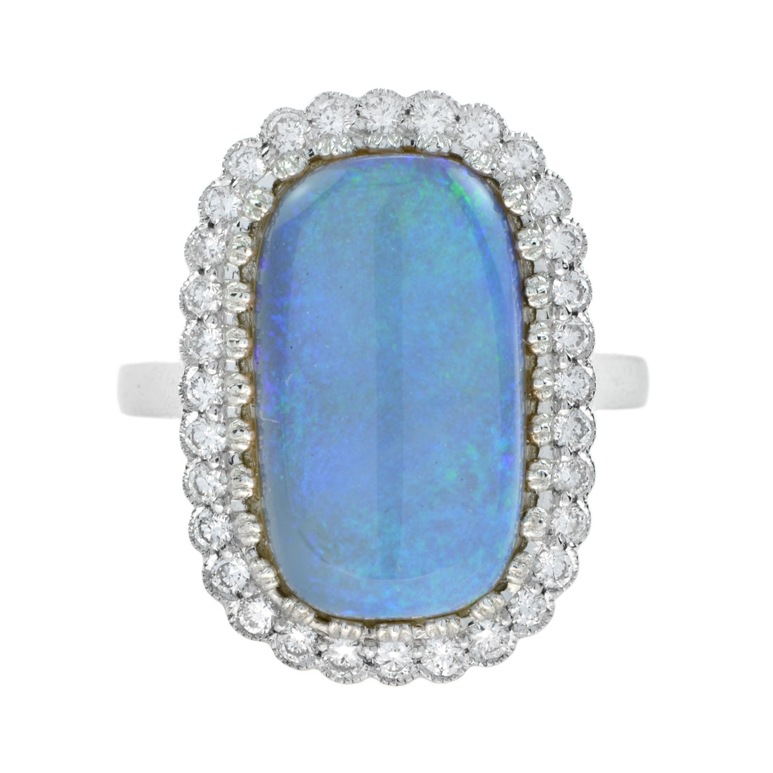 Blue Crystal Australian Opal & Diamond Halo Set Vintage Style White Gold Ring