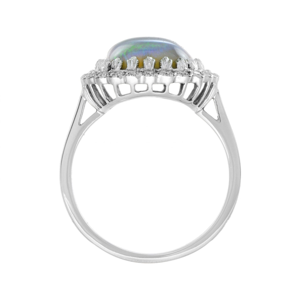 Blue Crystal Australian Opal & Diamond Halo Set Vintage Style White Gold Ring