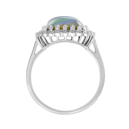 Blue Crystal Australian Opal & Diamond Halo Set Vintage Style White Gold Ring