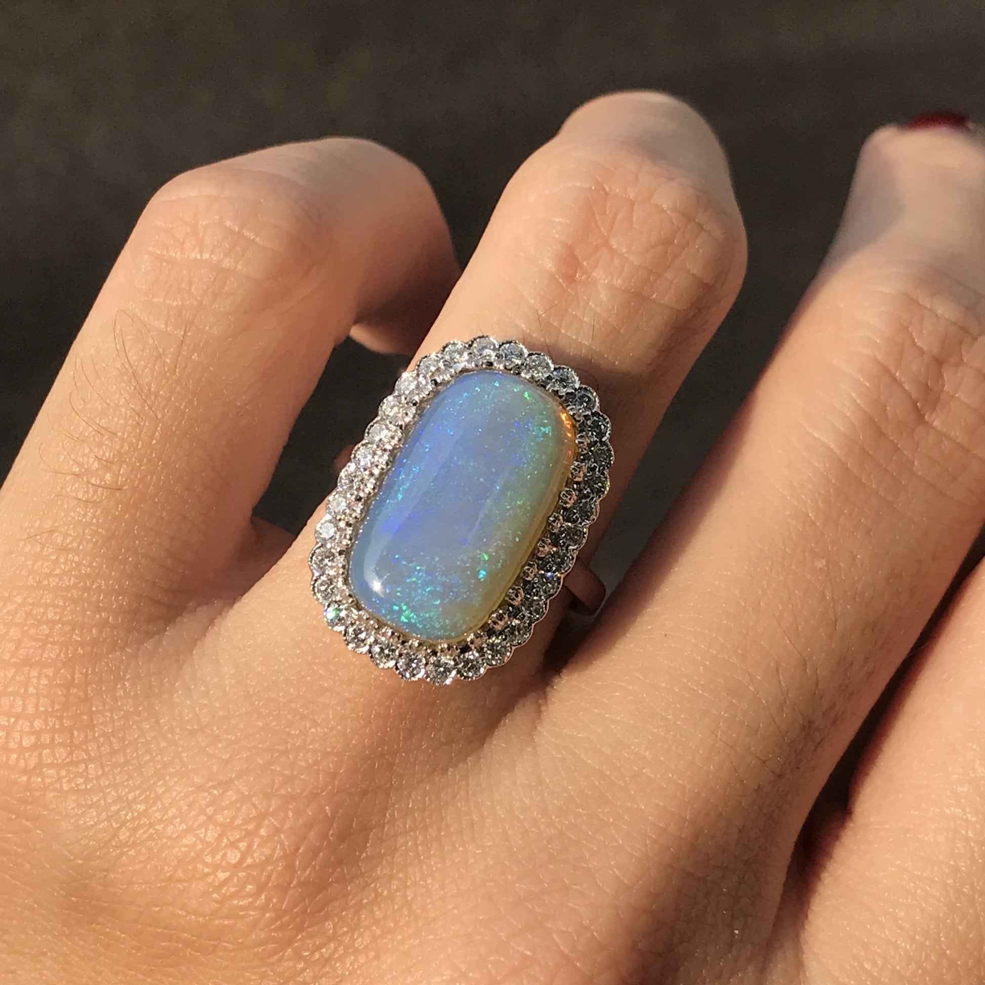 Blue Crystal Australian Opal & Diamond Halo Set Vintage Style White Gold Ring