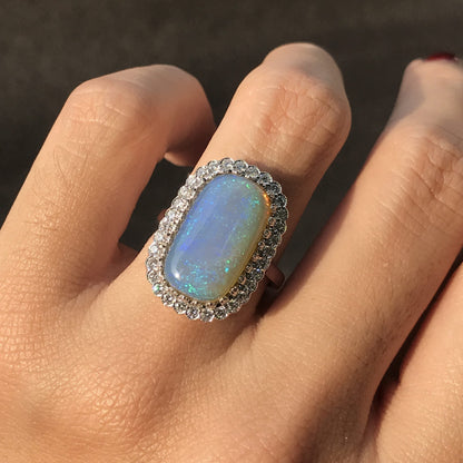 Blue Crystal Australian Opal & Diamond Halo Set Vintage Style White Gold Ring