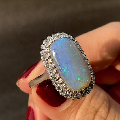 Blue Crystal Australian Opal & Diamond Halo Set Vintage Style White Gold Ring