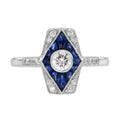 Diamond & Blue Sapphire Art Deco Inspired Style Engagement 14K White Gold Ring