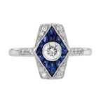 Diamond & Blue Sapphire Art Deco Inspired Style Engagement 14K White Gold Ring