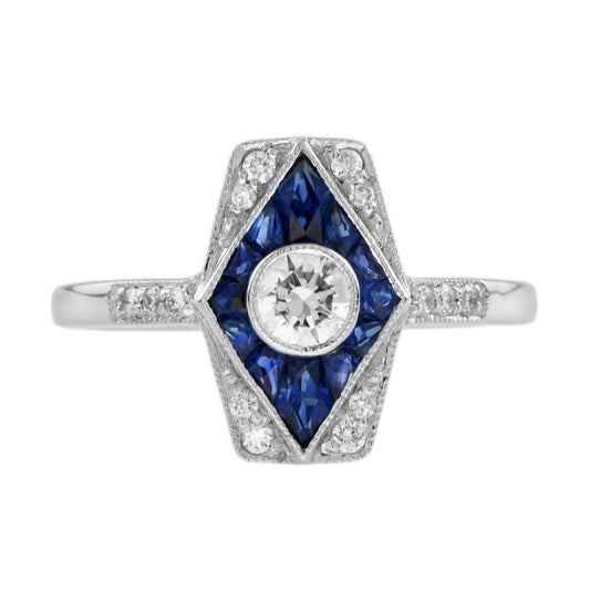 Diamond & Blue Sapphire Art Deco Inspired Style Engagement 14K White Gold Ring