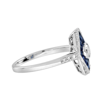 Diamond & Blue Sapphire Art Deco Inspired Style Engagement 14K White Gold Ring