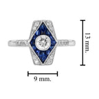 Diamond & Blue Sapphire Art Deco Inspired Style Engagement 14K White Gold Ring