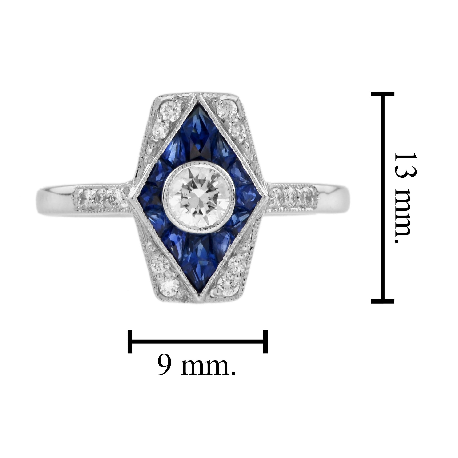 Diamond & Blue Sapphire Art Deco Inspired Style Engagement 14K White Gold Ring