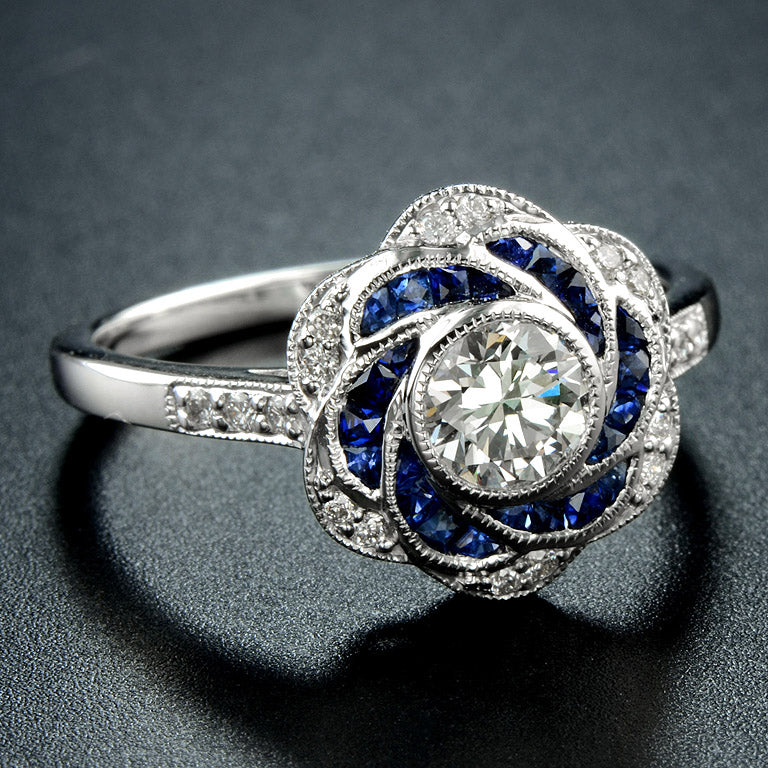 Rose Petal Floral Style Diamond &amp; Blue Sapphire Engagement 18K White Gold Ring