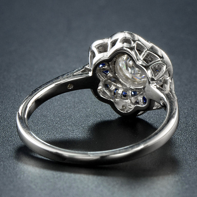 Rose Petal Floral Style Diamond &amp; Blue Sapphire Engagement 18K White Gold Ring