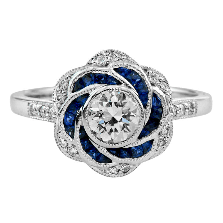Rose Petal Floral Style Diamond &amp; Blue Sapphire Engagement 18K White Gold Ring