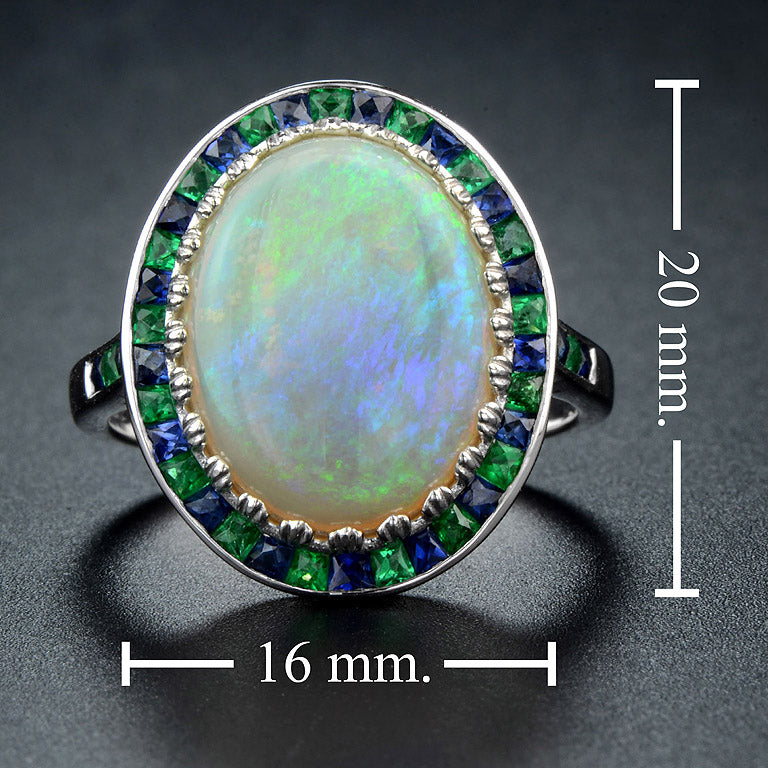 White Oval Cabochon Opal with Emerald & Sapphire Fancy Halo Set White Gold Ring