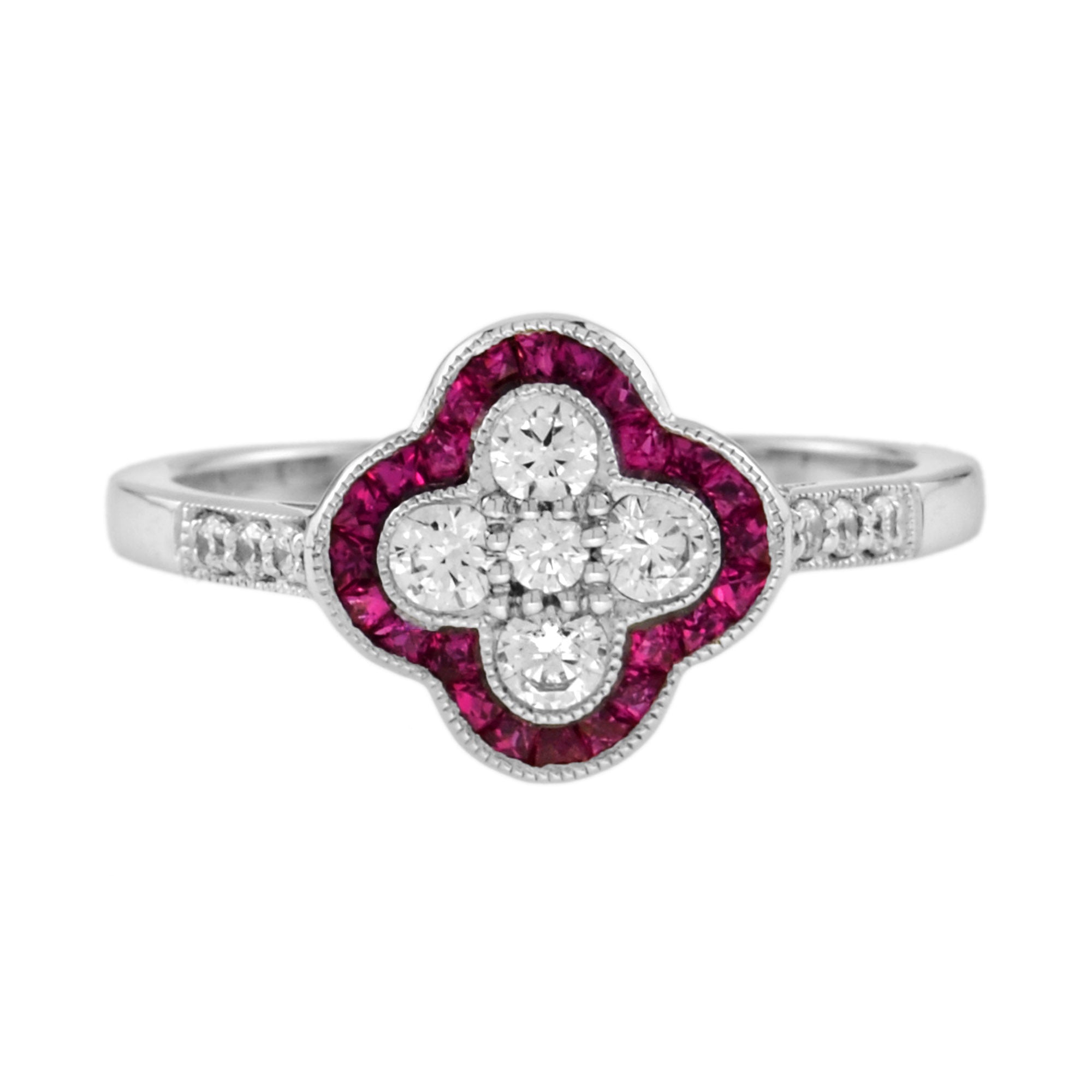 Diamond Ruby Art Deco Style Floral Cluster Ring &amp; Earring Lover White Gold Set