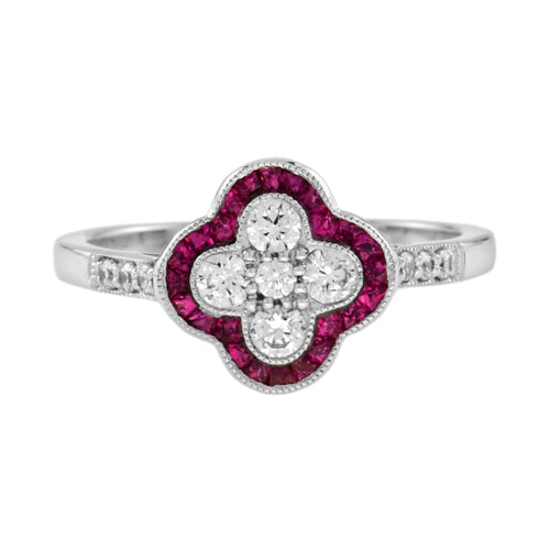 Diamond & Red Pink Ruby Art Deco Inspired Style Floral Cluster White Gold Ring