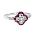 Diamond Ruby Art Deco Style Floral Cluster Ring & Earring Lover White Gold Set