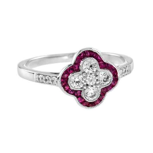 Diamond & Red Pink Ruby Art Deco Inspired Style Floral Cluster White Gold Ring