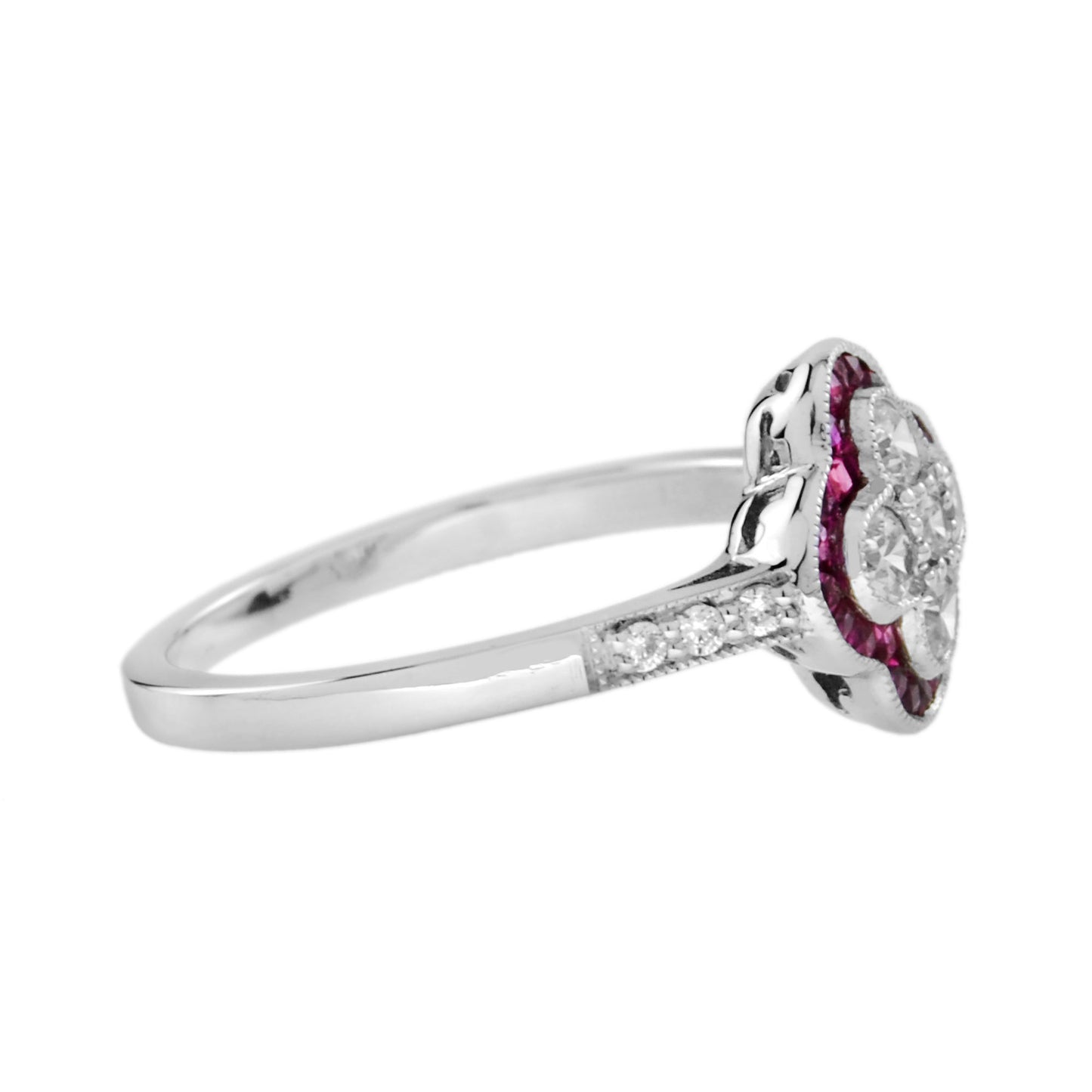 diamond & red pink ruby art deco inspired style floral cluster white gold ring