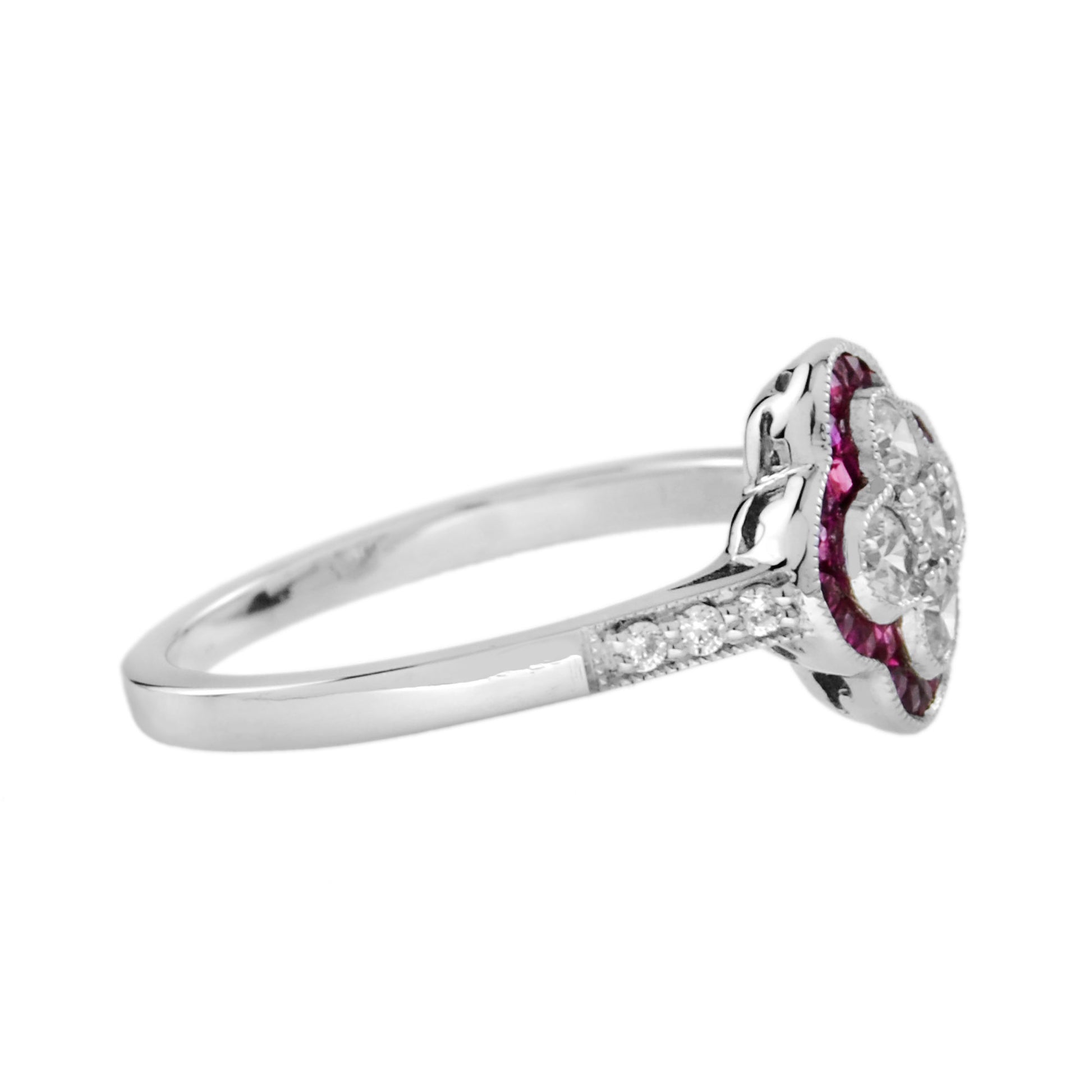 Diamond & Red Pink Ruby Art Deco Inspired Style Floral Cluster White Gold Ring
