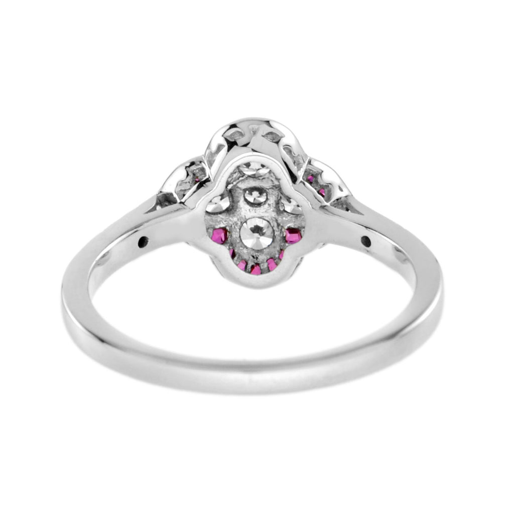 Diamond Ruby Art Deco Style Floral Cluster Ring & Earring Lover White Gold Set