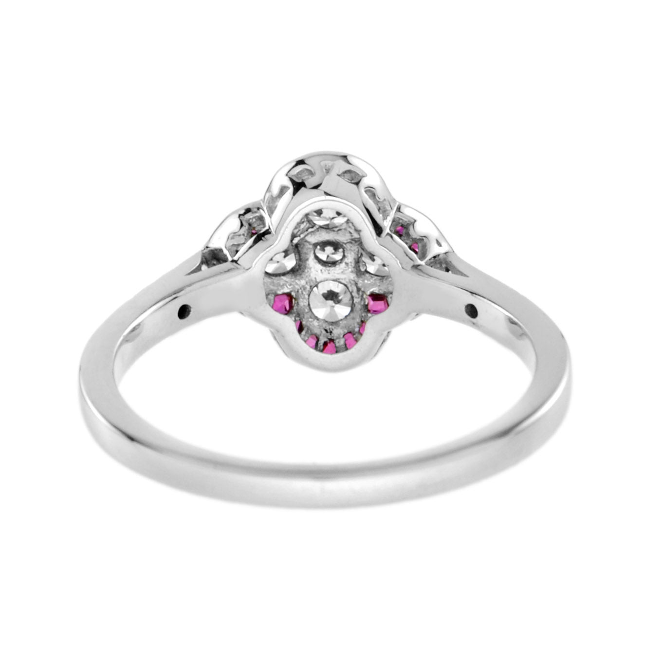 Diamond & Red Pink Ruby Art Deco Inspired Style Floral Cluster White Gold Ring