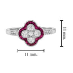 Diamond Ruby Art Deco Style Floral Cluster Ring & Earring Lover White Gold Set