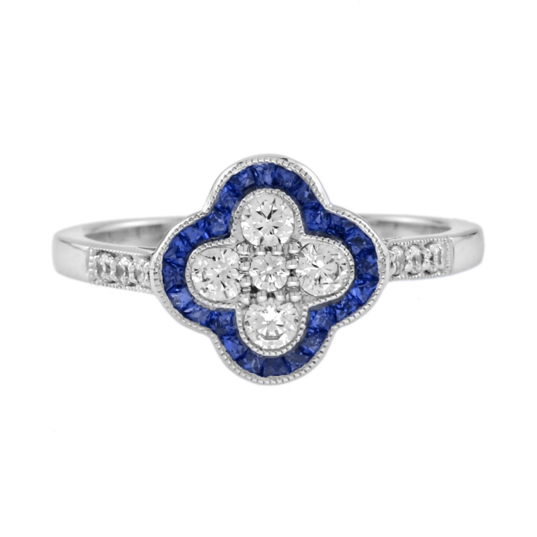 Diamond & Blue Sapphire Halo Art Deco Style Floral Four Clover Motif Gold Ring