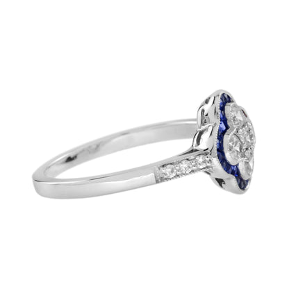 Diamond & Blue Sapphire Halo Art Deco Style Floral Four Clover Motif Gold Ring