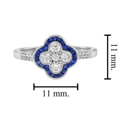 Diamond & Blue Sapphire Halo Art Deco Style Floral Four Clover Motif Gold Ring
