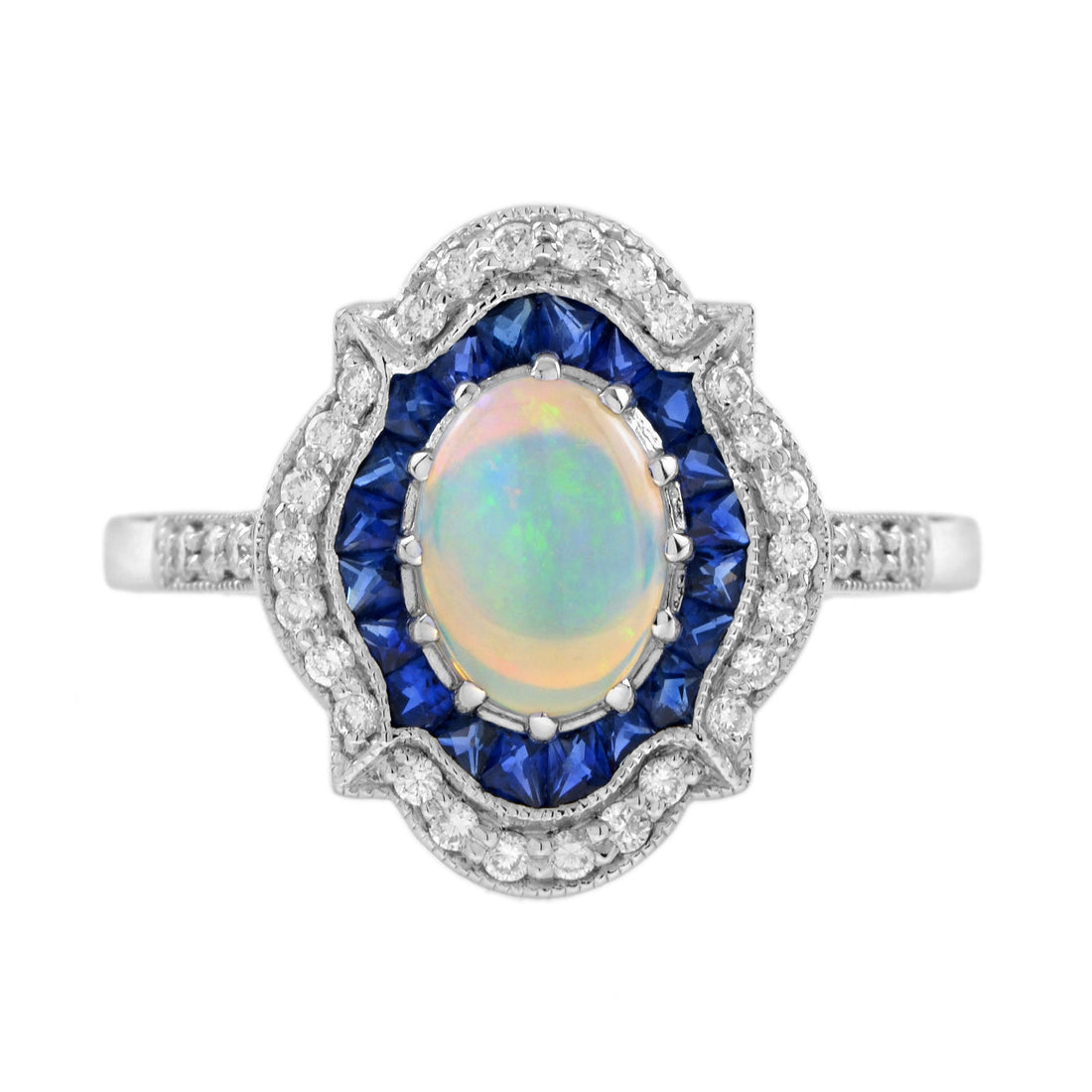 White Oval Opal & Blue Sapphire Diamond Art Deco Style Halo 14K White Gold Ring