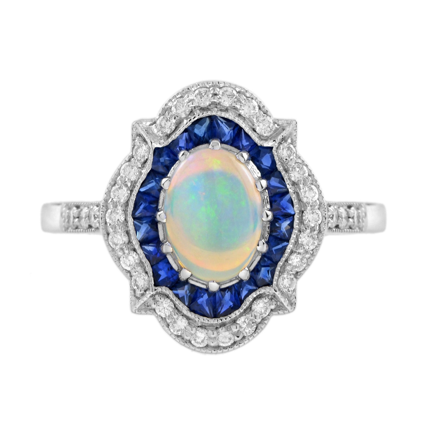 White Oval Opal &amp; Blue Sapphire Diamond Art Deco Style Halo 14K White Gold Ring