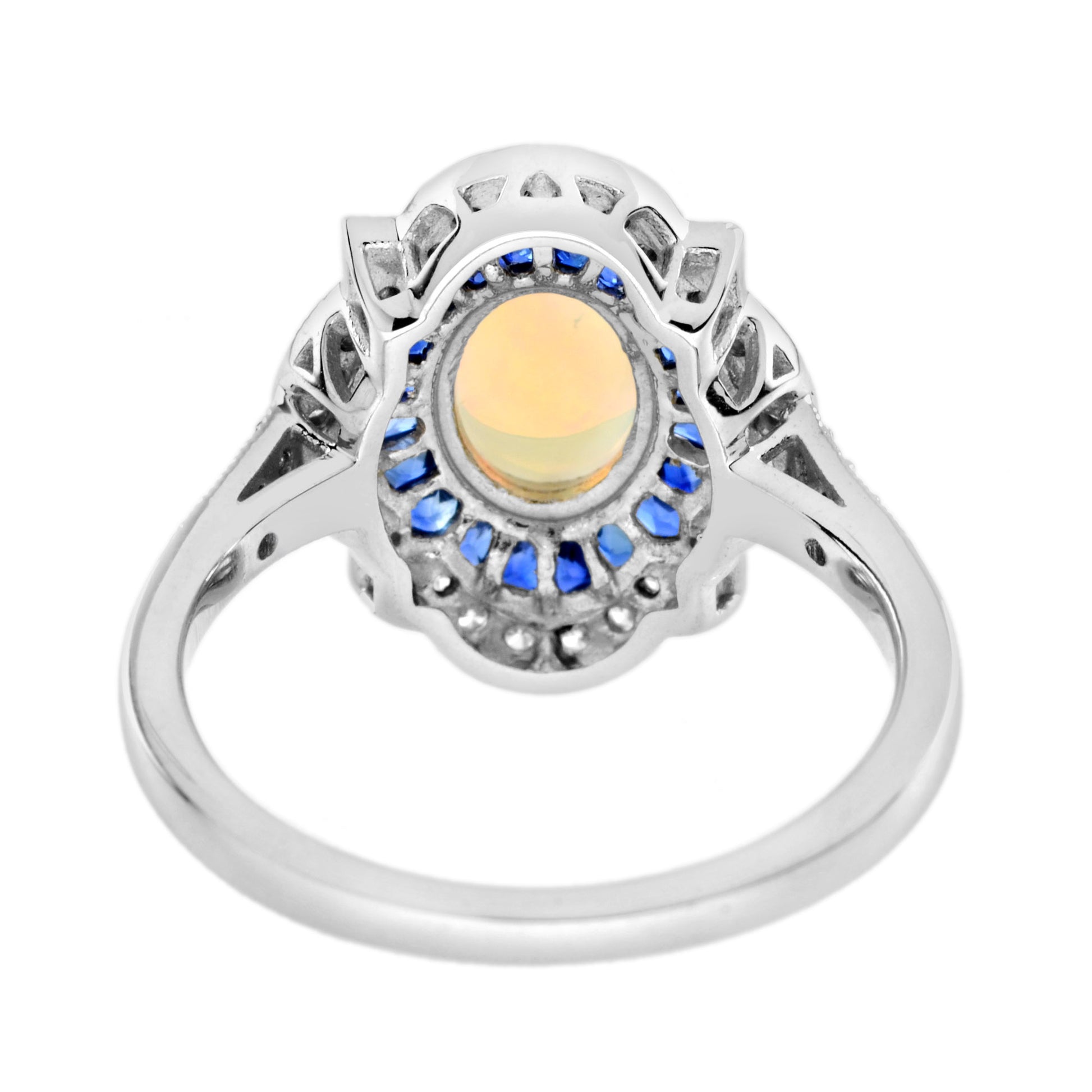 White Oval Opal & Blue Sapphire Diamond Art Deco Style Halo 14K White Gold Ring